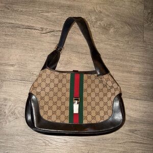 Gucci Beige GG Canvas Shoulder Bag with Green and Red Web